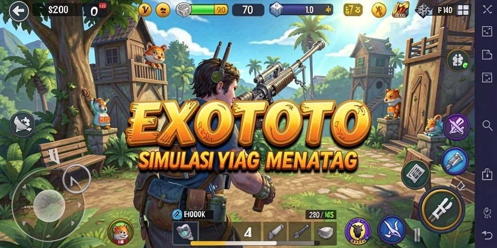 Screenshot gameplay EXOTOTO menampilkan karakter berinteraksi dalam dunia simulasi yang kaya.