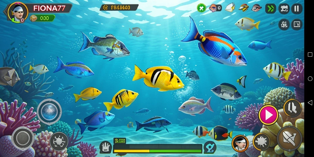 Tampilan gameplay seru dalam FIONA77 saat menangkap ikan.