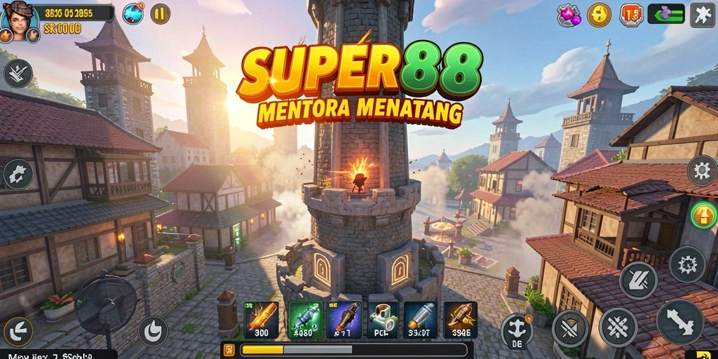 Screenshot SUPER88 menampilkan aksi menara bertahan yang intens dan penuh strategi.